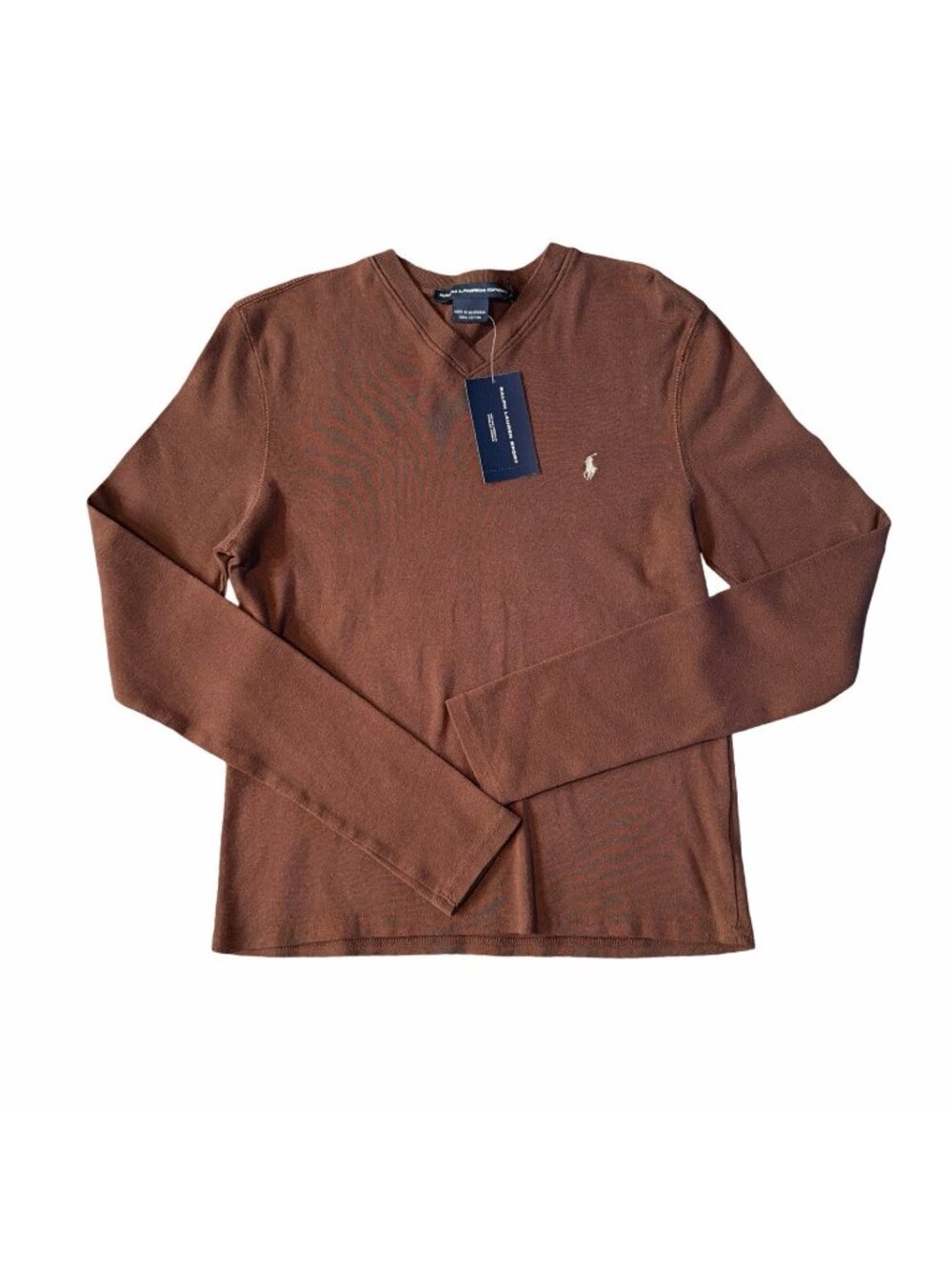 Ralph Lauren Sport Women's Ribbed V-Neck Top Brown Long Sleeve Pony Logo XL NWT